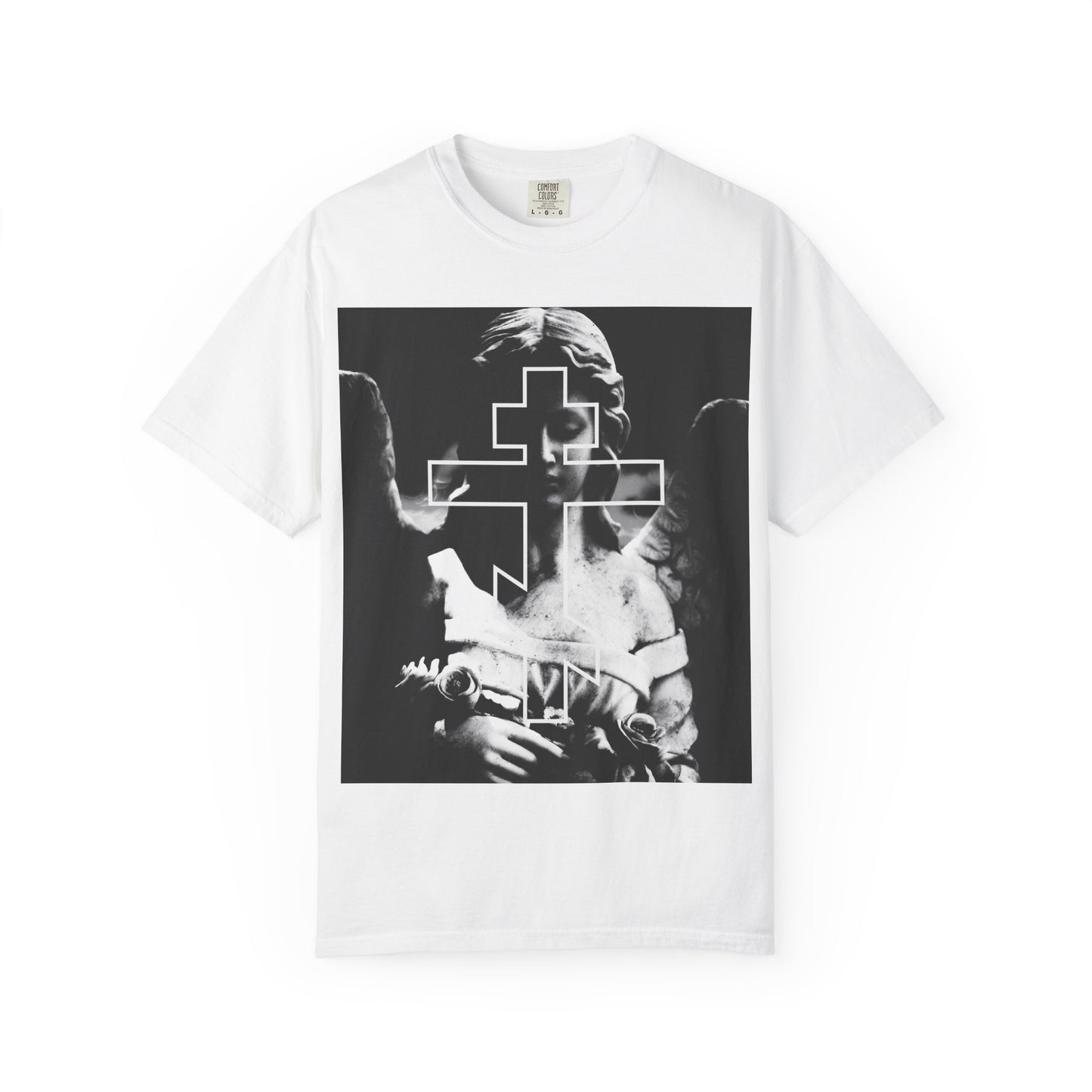 The Cemetery Angel Orthodox Cross Heavyweight Cotton Unisex Tee in white features a grayscale goth design of holy angels and a bold orthodox cross, evoking memento mori and the moment a devout soul leaves the body.