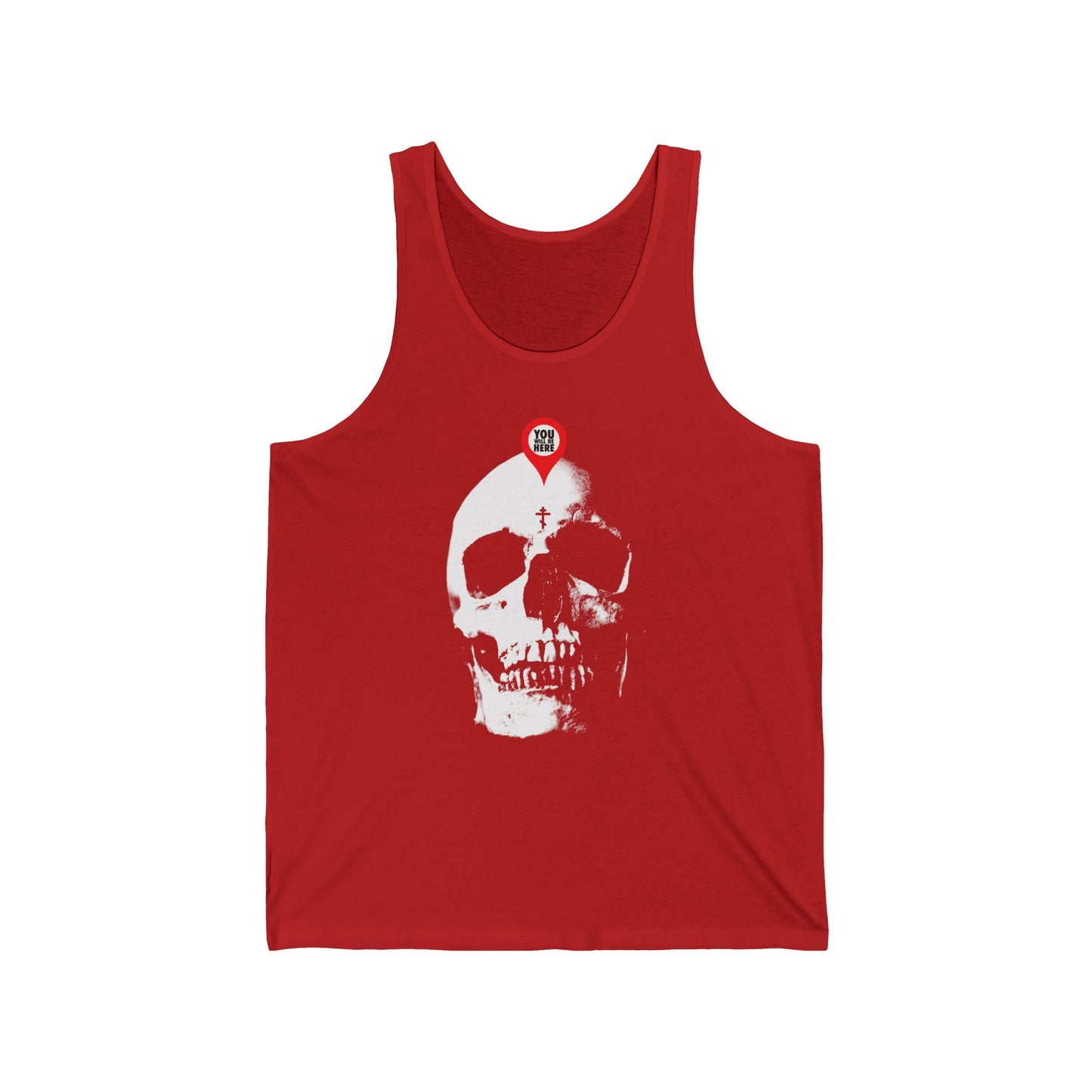 Red tank top with a striking skull and map marker graphic, inspired by Orthodox “Memento Mori” teachings—reminding you “What You Are I Once Was, Remember You Will Die,” in bold white design.