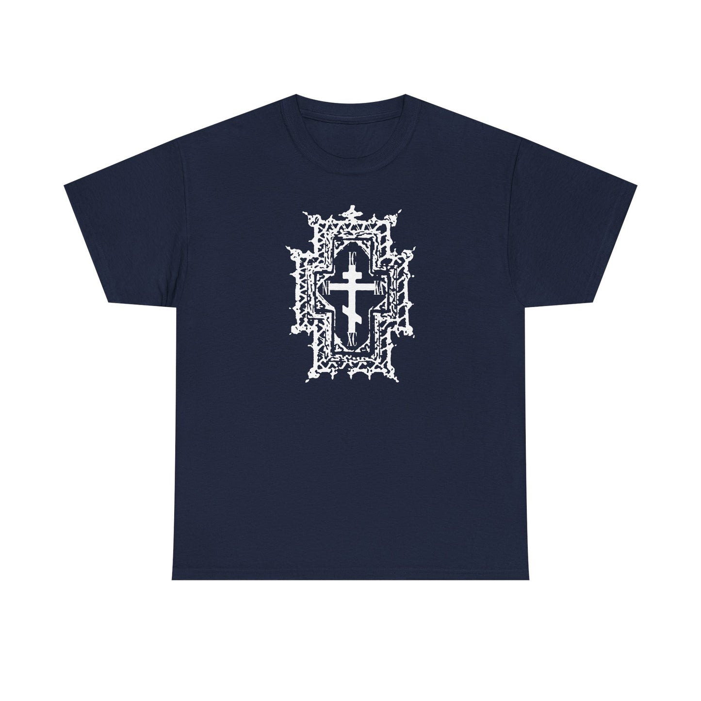 Navy ICXC NIKA "Jesus Christ Conquers" t-shirt features a Gothic cathedral style Orthodox cross and "Healed By His Wounds" design, symbolizing Jesus' sufferings. Heavy cotton, Christian apparel.