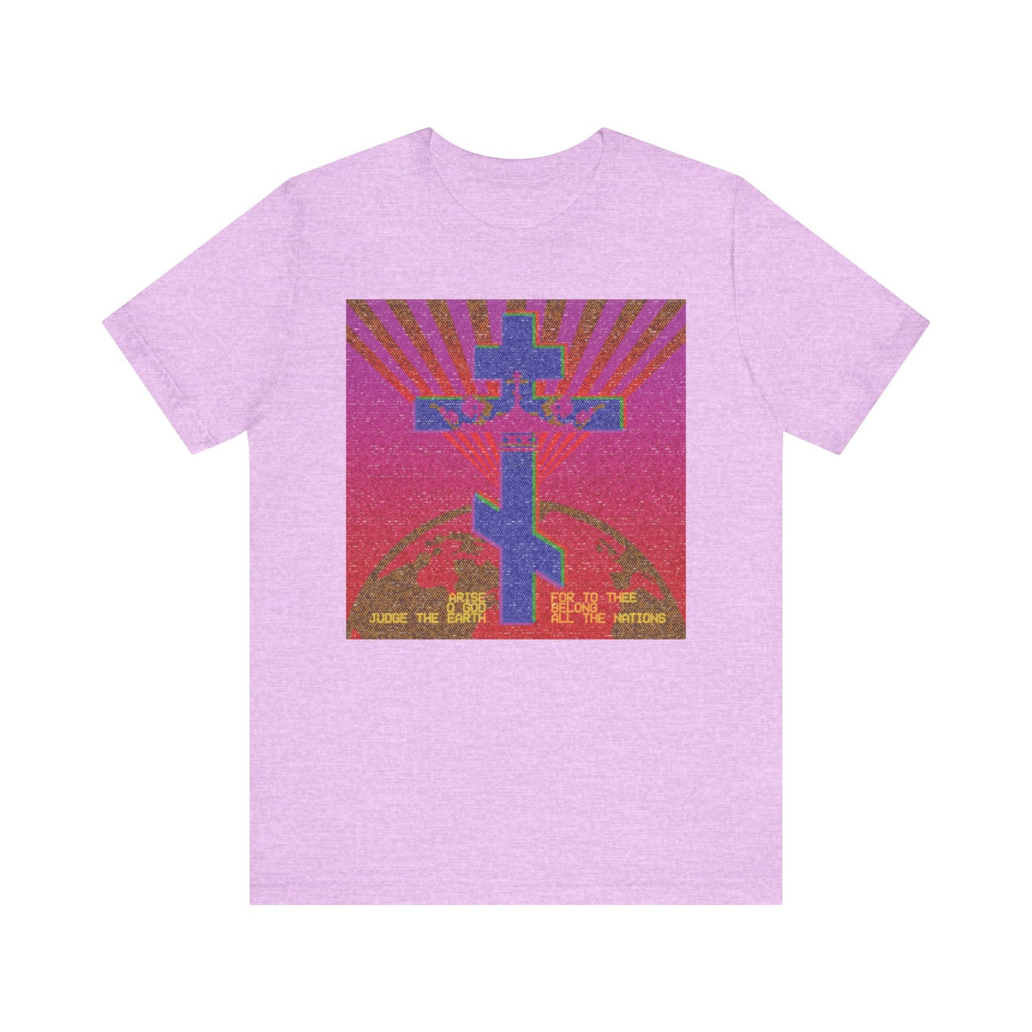Heather Prism Lilac t-shirt with 80s retro pixel VCR/computer monitor design and cross, featuring “Arise, O God, Judge the Earth” (Psalm 81), inspired by Orthodox Christian themes. Lightweight cotton, unisex fit.