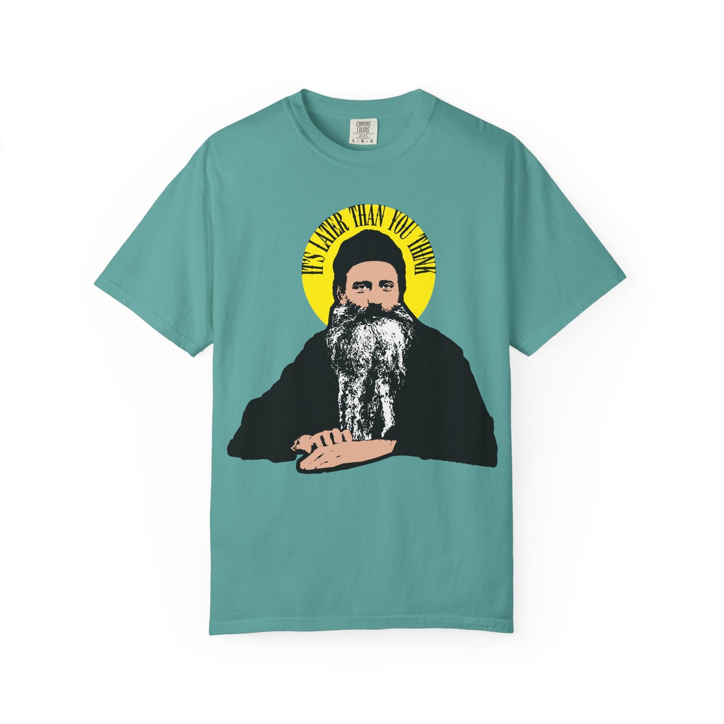 Seafoam tee featuring Fr Seraphim Rose’s quote “IT’S LATER THAN YOU THINK” in a yellow halo—honoring this modern American Orthodox saint. Heavyweight unisex cotton for comfort and style.