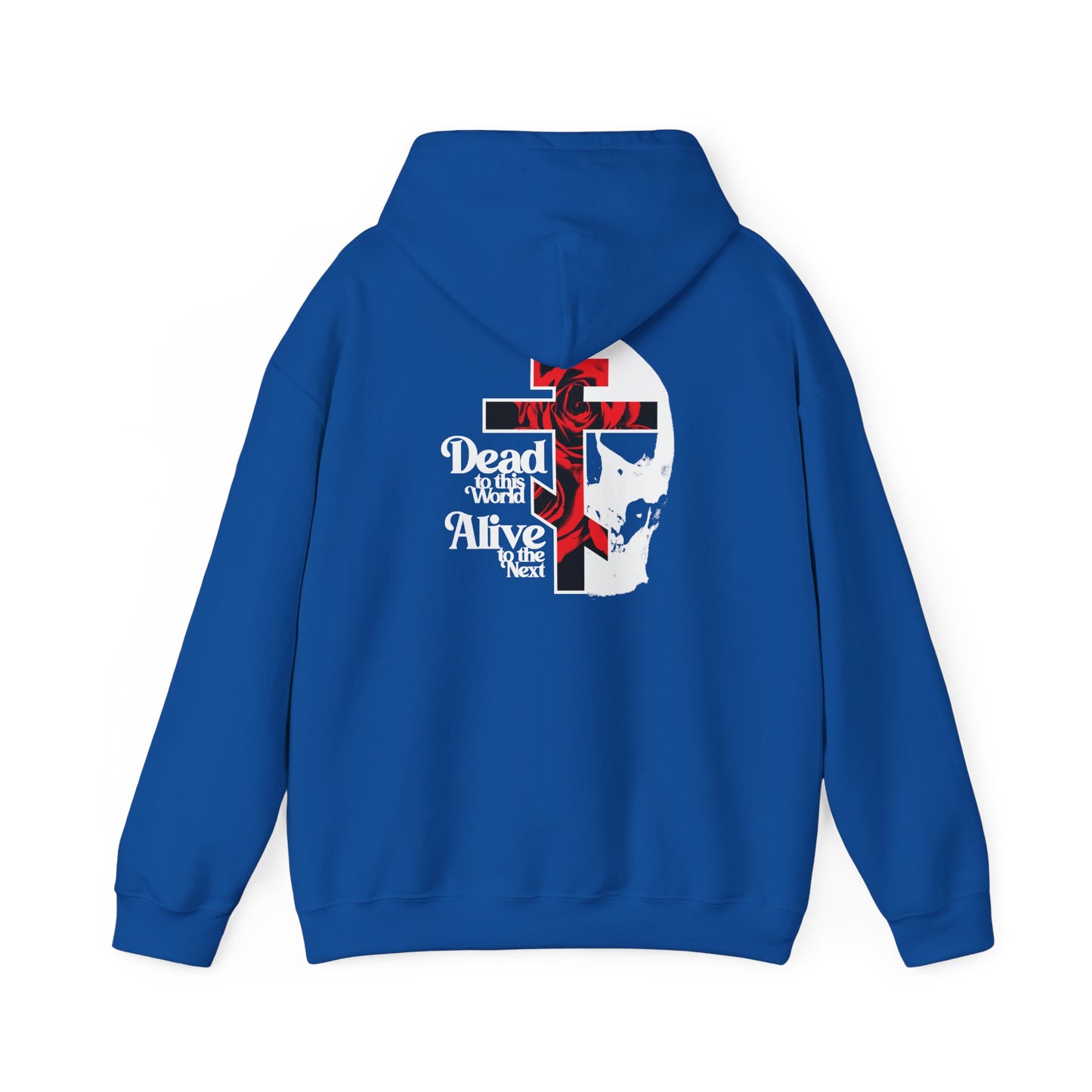 Royal blue “Dead to this World” hoodie featuring a bestselling back design with 70s-inspired typography, flower cross & skull, and the phrase “Dead to this world, Alive in Christ”—inspired by The Ladder of Divine Ascent and embracing Orthodox Christian themes of dispassion and worldly renunciation.