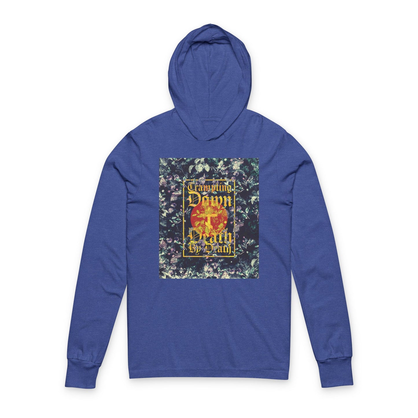Trampling Down Death By Death | Paschal Floral Design with Gothic Script and Three-Bar Cross | Orthodox Long Sleeve Hooded Shirt