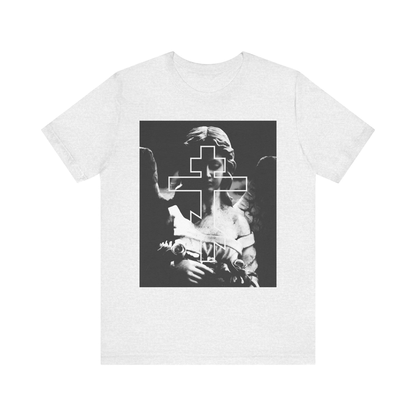 Ash t-shirt featuring a grayscale image of a cemetery angel and an Orthodox Cross, inspired by memento mori and goth aesthetics. Lightweight cotton unisex tee, symbolizing the authority of Christ.