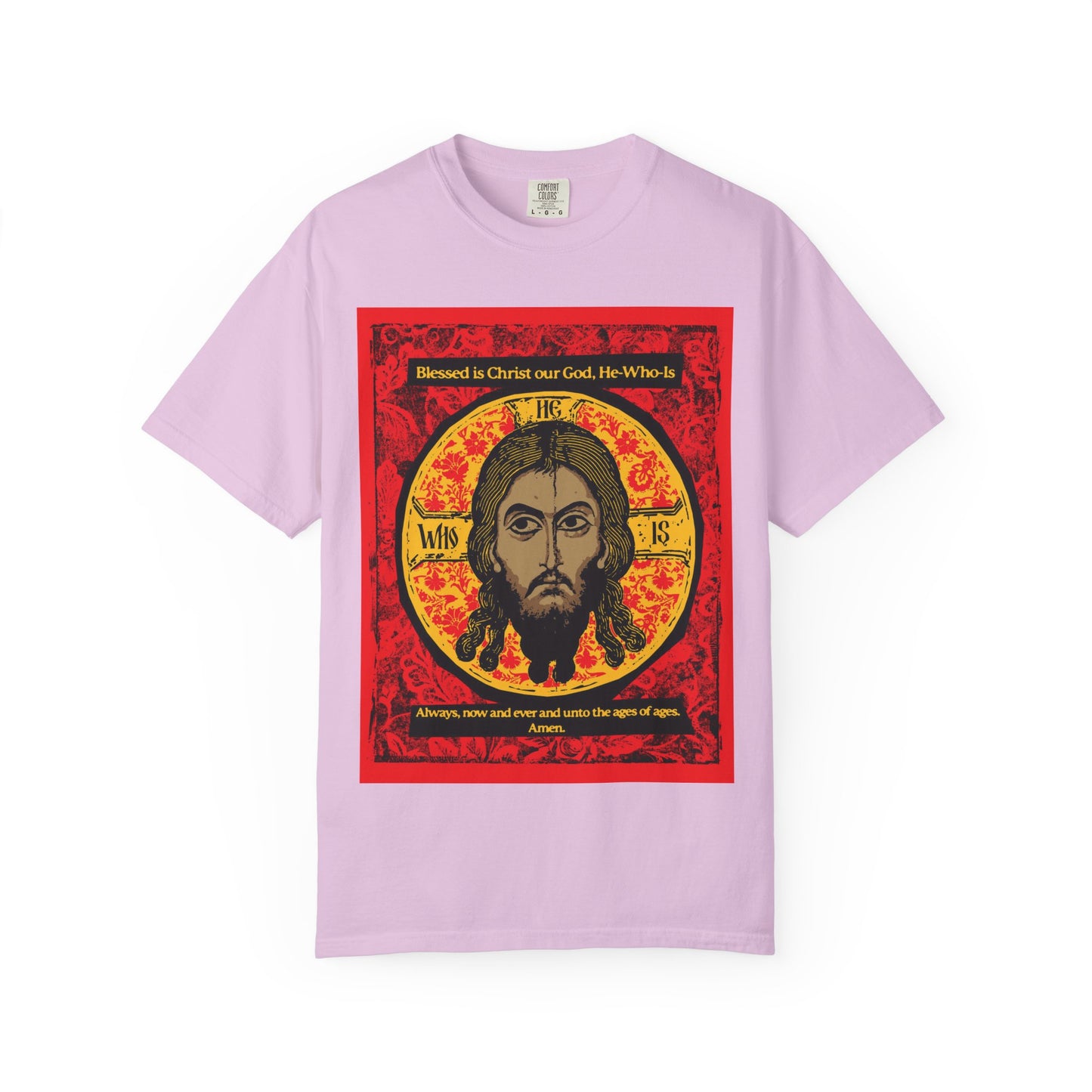 Orchid heavyweight cotton unisex t-shirt featuring a Byzantine-style Jesus Christ (Mandylion/Image of Edessa) Orthodox icon graphic, inspired by Christian hymn traditions and veneration.