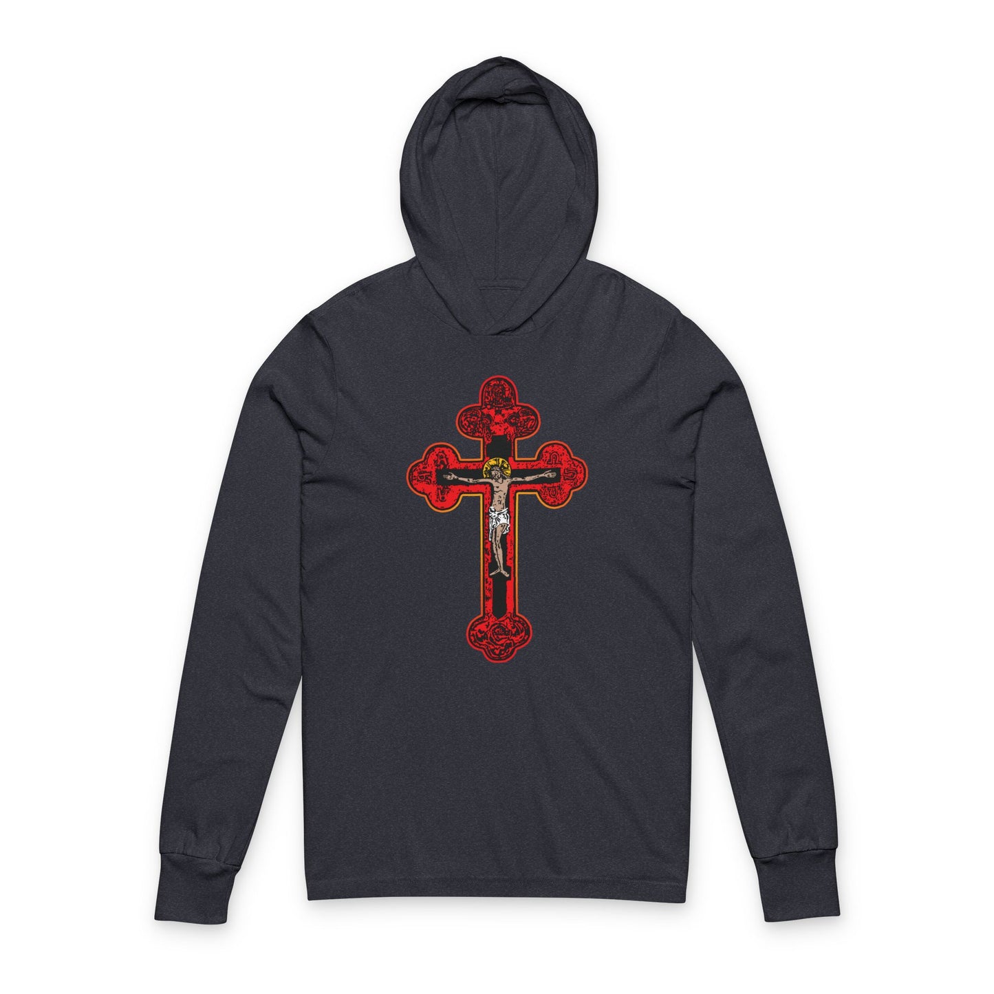 Heather navy hoodie featuring a large red and gold Byzantine Golgotha cross with a small crucified figure, inspired by "I Am Crucified With Christ" (Isaiah 53:3-5). Red Orthodox Christian Crucifix design. Cotton hooded shirt.