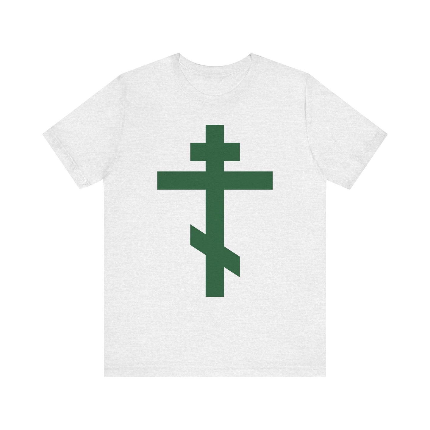 Ash t-shirt featuring a large forest green Orthodox Tribar Cross, symbolizing salvation and Christ's sacrifice. Lightweight cotton unisex tee with “Preserve Thy People By Thy Cross, O Lord” and “Christ is King” design.