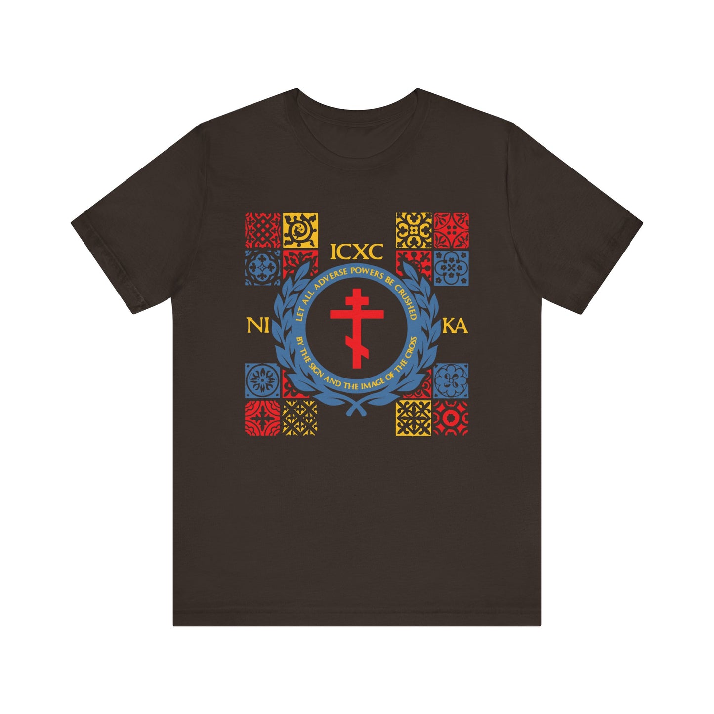 Brown t-shirt with red, yellow & blue medieval tile design, featuring "Let All Adverse Powers Be Crushed" and ICXC NIKA—a tribute to the Katavasia of the Cross and Moses parting the Red Sea. Lightweight cotton unisex fit.