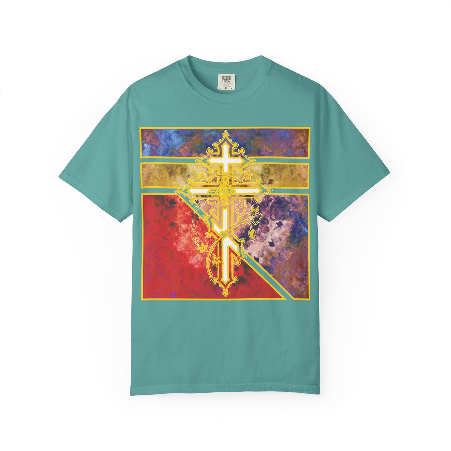 Seafoam t-shirt featuring an ornate Orthodox Cross with vine detailing and a textured geometric pattern on the front, inspired by the Prayer to the Venerable Cross where demons perish. Christian heavyweight cotton unisex t-shirt.