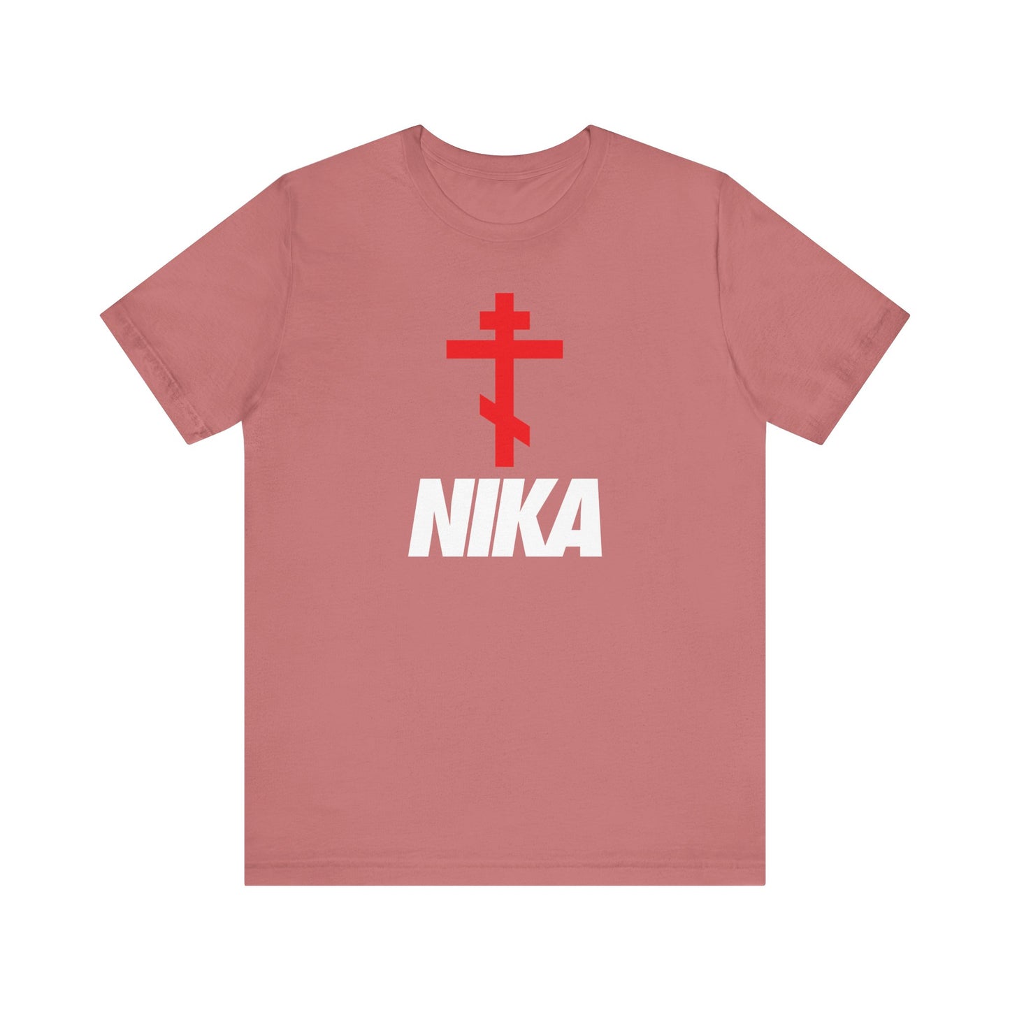 Mauve "Orthodox Cross with Bold NIKA Text" tee—features a red Orthodox cross and white NIKA Christogram on the front in a minimalist, athletic ascetic style. Lightweight cotton unisex shirt; unique NIKE logo mashup for Christian fashion.
