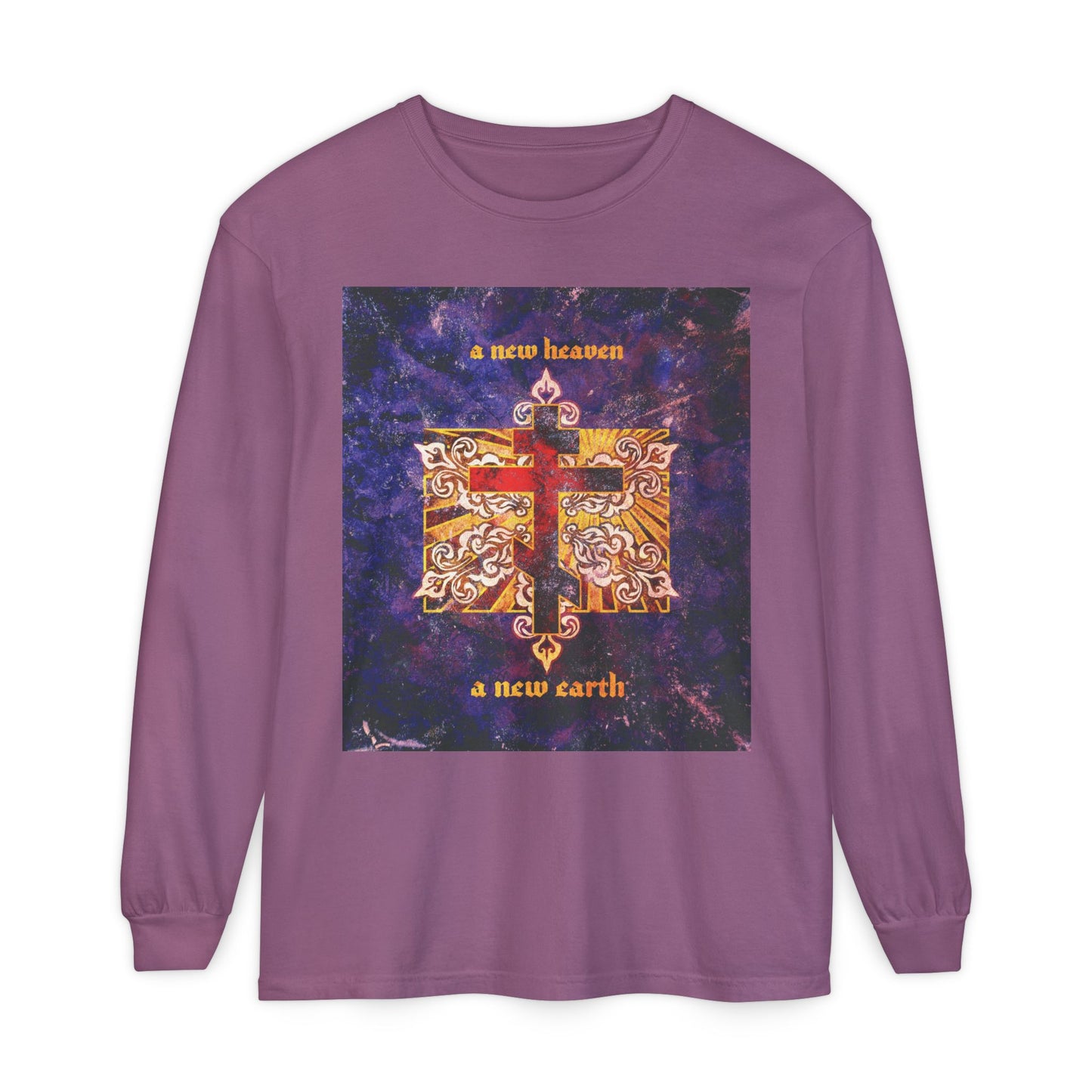 A New Heaven/A New Earth | Red Orthodox Cross on Textured Ornate Background | Red Blue & Gold Design | Orthodox Long Sleeve Cotton Shirt