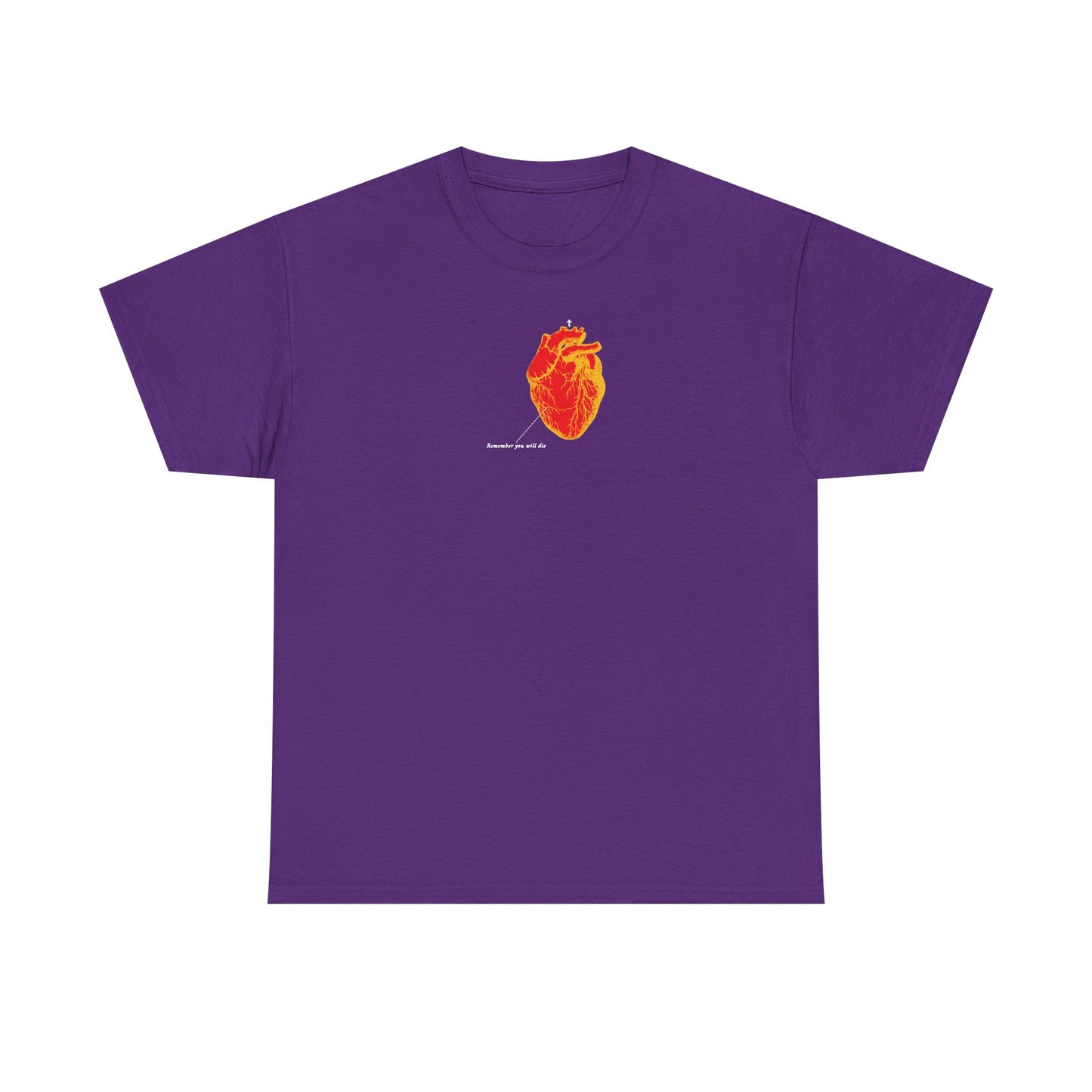 Purple tee featuring a red and orange anatomical heart with 'Remember You Will Die'—a memento mori design inspired by antique medical textbooks. Midweight cotton, Christian unisex fit.