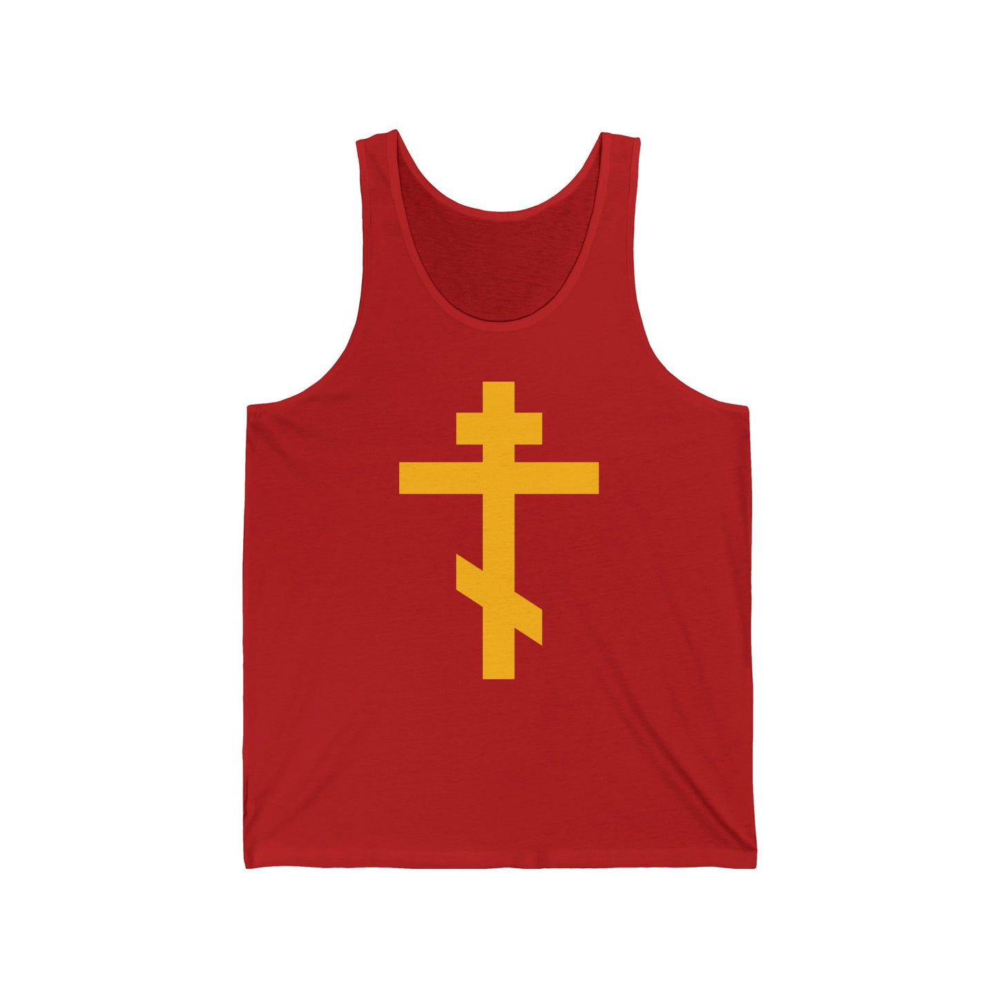 Red tank top featuring a bold yellow Orthodox Cross—Precious and Life-Giving Weapon of Unseen Warfare, Scourge of Demons—inspired by Galatians 2:20. Christian cotton apparel for daily spiritual reflection.