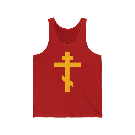 Red tank top featuring a bold yellow Orthodox Cross—Precious and Life-Giving Weapon of Unseen Warfare, Scourge of Demons—inspired by Galatians 2:20. Christian cotton apparel for daily spiritual reflection.