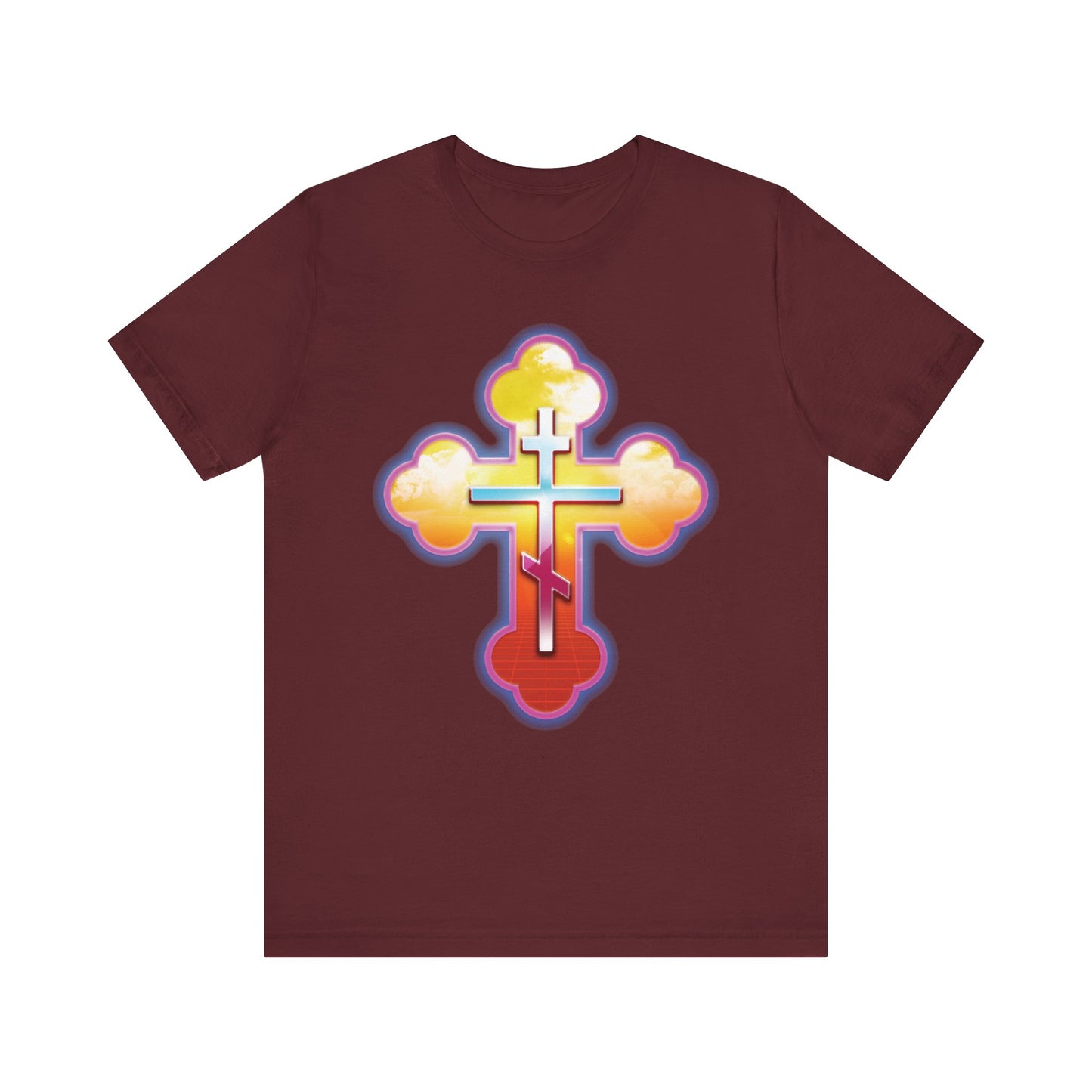 80s Synthwave Retrowave Outrun Aesthetic | Glowing & Reflective Gold & Red Three-Bar Cross | Lightweight Cotton Unisex Tee