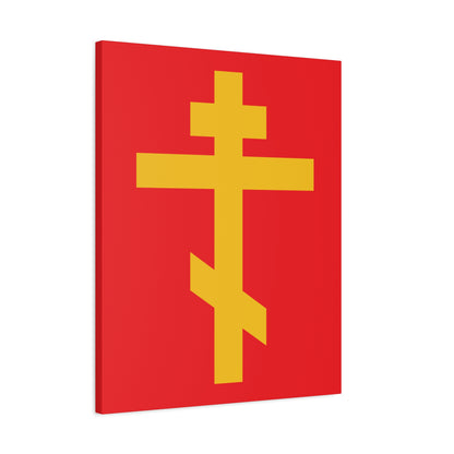 A yellow Orthodox cross on a red background, symbolizing the precious and life-giving weapon of unseen warfare and scourge of demons, displayed as Orthodox canvas art.