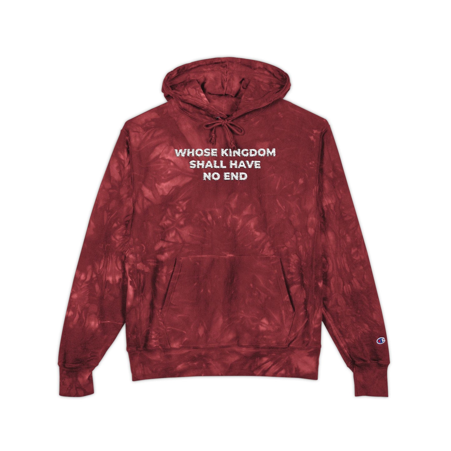 Mulled Berry tie-dye hoodie featuring “WHOSE KINGDOM SHALL HAVE NO END” in white, inspired by the Nicene Creed. Whose Kingdom Shall Have No End | Symbol of Faith | Premium Orthodox Streetwear.
