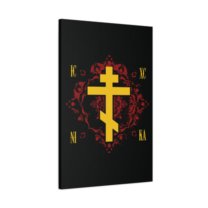 The ICXC NIKA Yellow Russian Cross on an ornate red background canvas art features "Jesus Christ Conquers" in a striking Orthodox Christian design.
