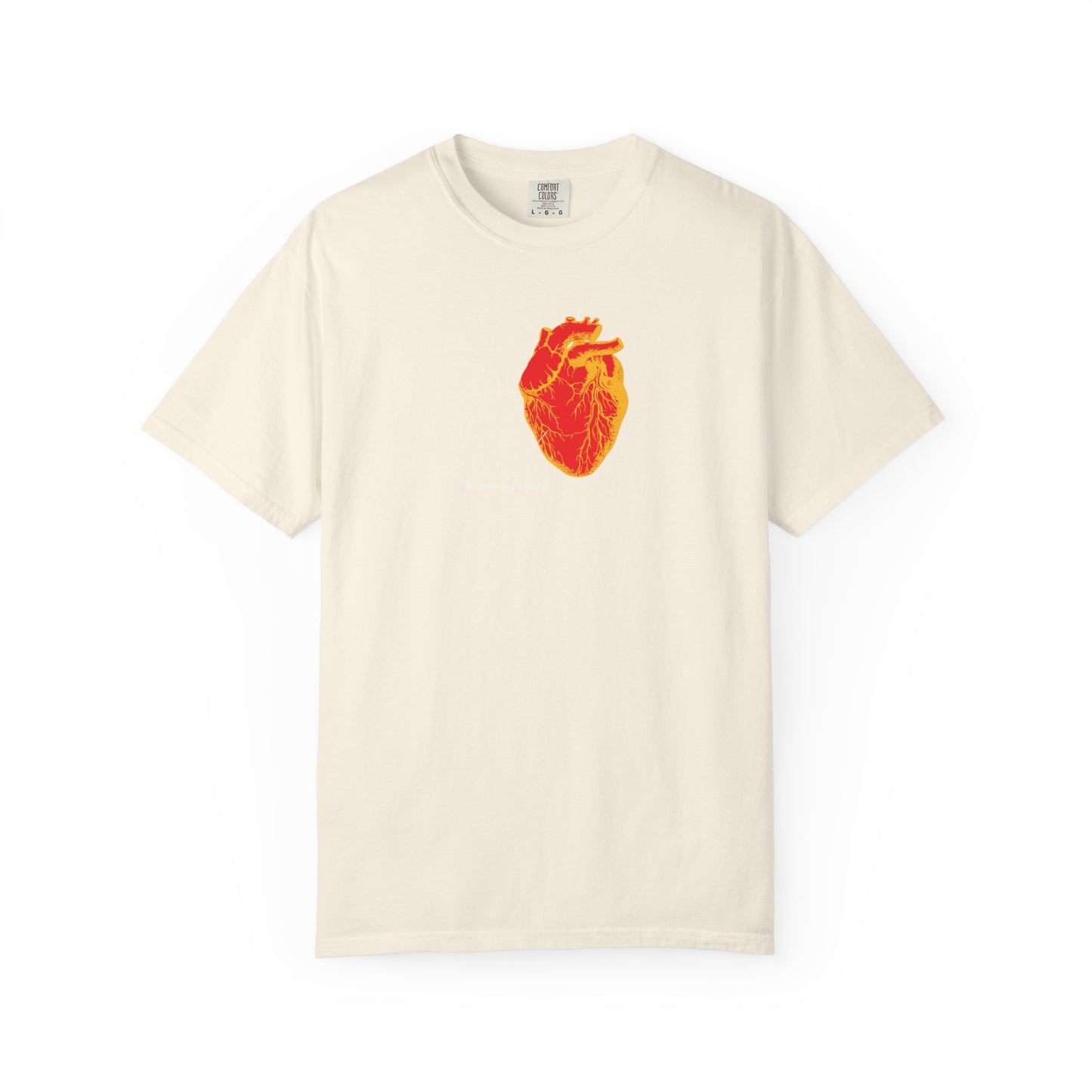 Ivory heavyweight cotton unisex tee featuring a red & orange antique medical textbook heart graphic, symbolizing memento mori and life’s journey. "Remember You Will Die" design inspired by Orthodox themes.