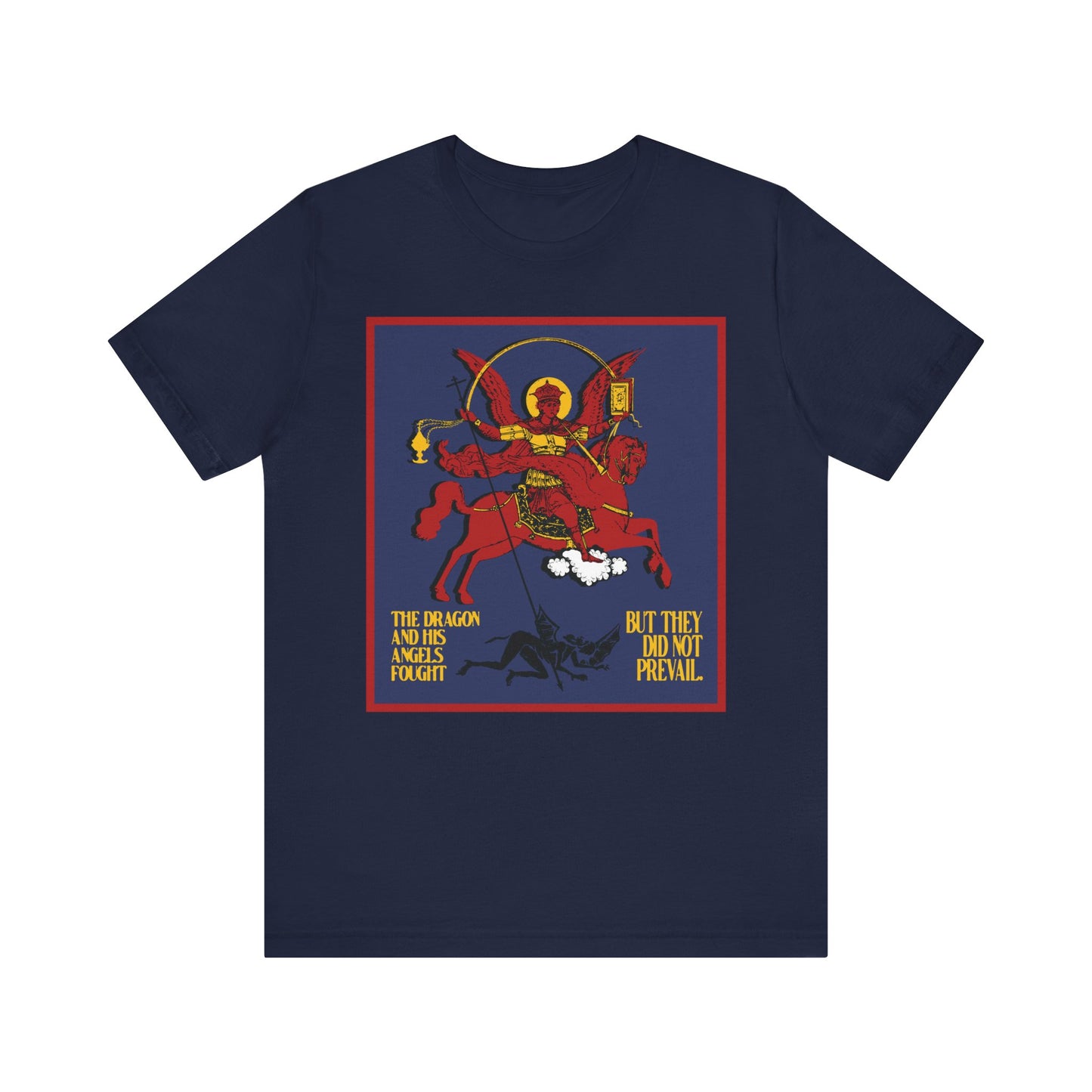 Navy unisex tee: Archangel Michael Defeating Satan the Dragon (Rev 12:7-8). Apocalyptic iconographic Orthodox Christian design with spiritual warfare imagery. Lightweight cotton.