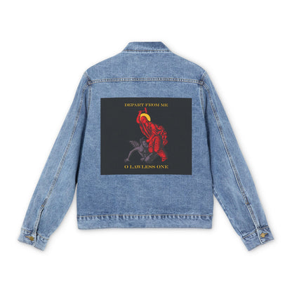 St Marina IconoGraphic (Depart from Me O Lawless One) | Saint Beating the Devil with a Hammer | Orthodox Christian Custom Blue Denim Jacket