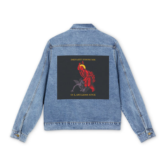 St Marina IconoGraphic (Depart from Me O Lawless One) | Saint Beating the Devil with a Hammer | Orthodox Christian Custom Blue Denim Jacket