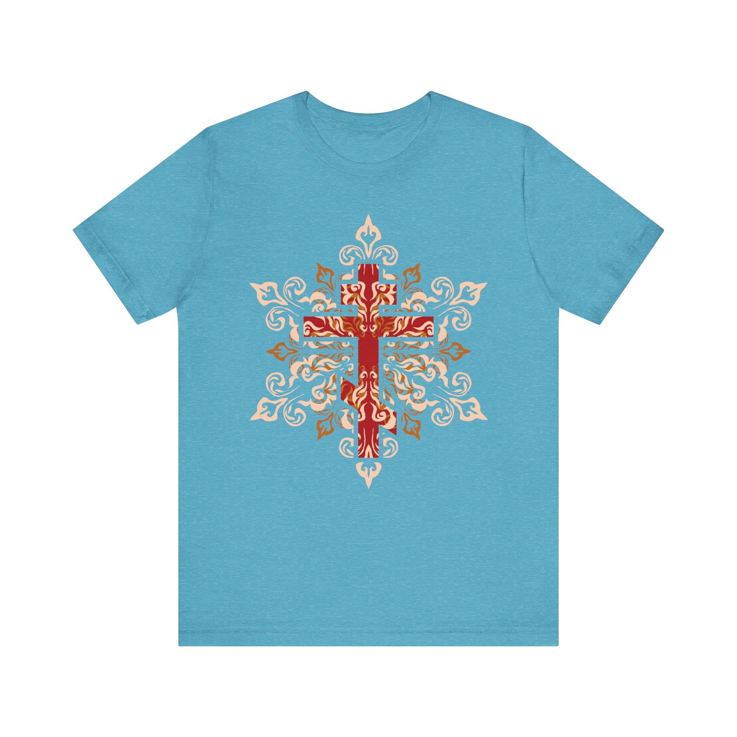 Heather aqua t-shirt featuring an ornate red, beige, and orange Orthodox cross design with intricate decorative patterns and the inscription "Glory to Thy Precious and Life-Giving Cross, O Lord," on a lightweight cotton unisex tee.