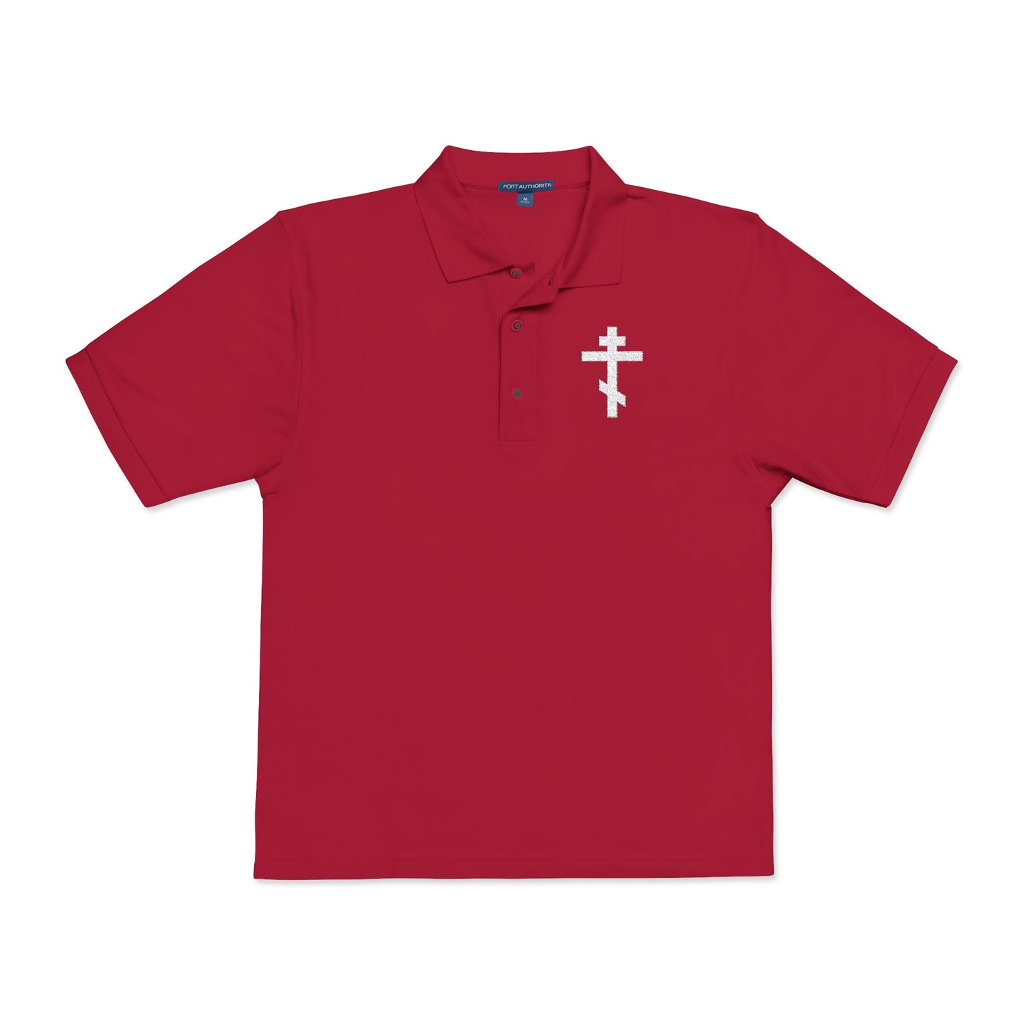 Embroidered White Orthodox Cross | "May I never boast, except in the cross of our Lord Jesus Christ" (Gal 6:14) | Christian Polo Shirt