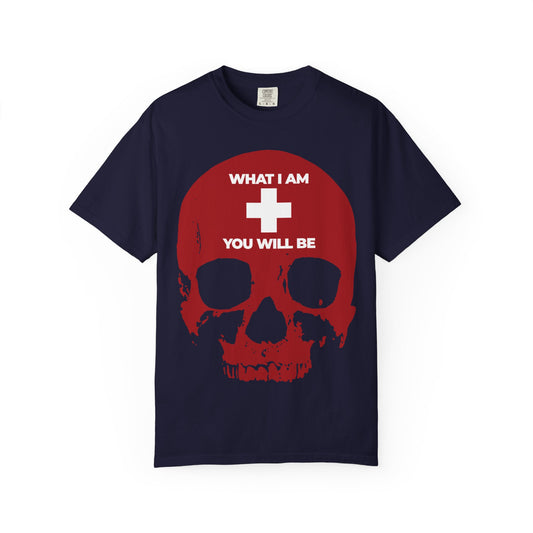 True Navy heavyweight cotton unisex tee featuring a red skull, white cross, and the text WHAT I AM YOU WILL BE on the front—an Orthodox Christian Memento Mori design inspired by Ecclesiastes.