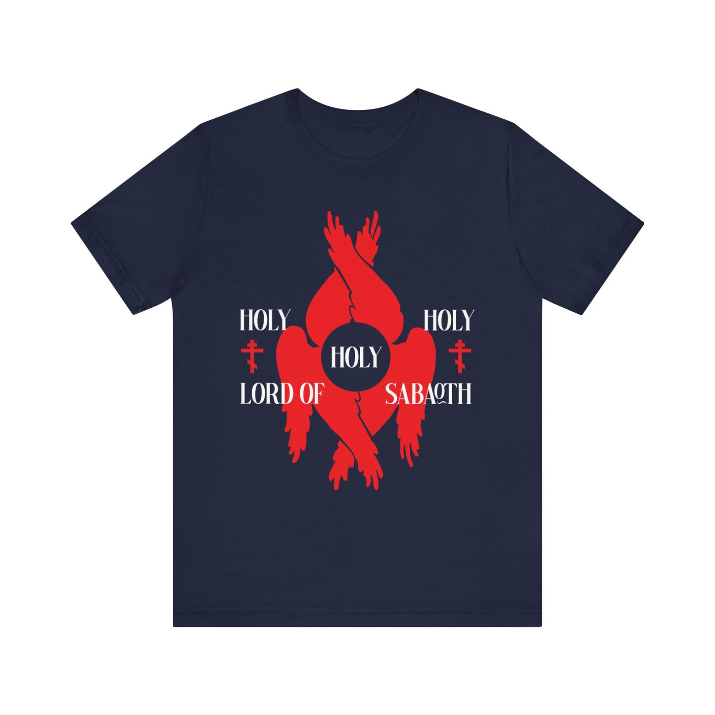 Navy lightweight cotton unisex t-shirt featuring red seraphim wings, Orthodox crosses, and "HOLY HOLY HOLY LORD OF SABAOTH" text from Isaiah 6:3, inspired by the Divine Council.