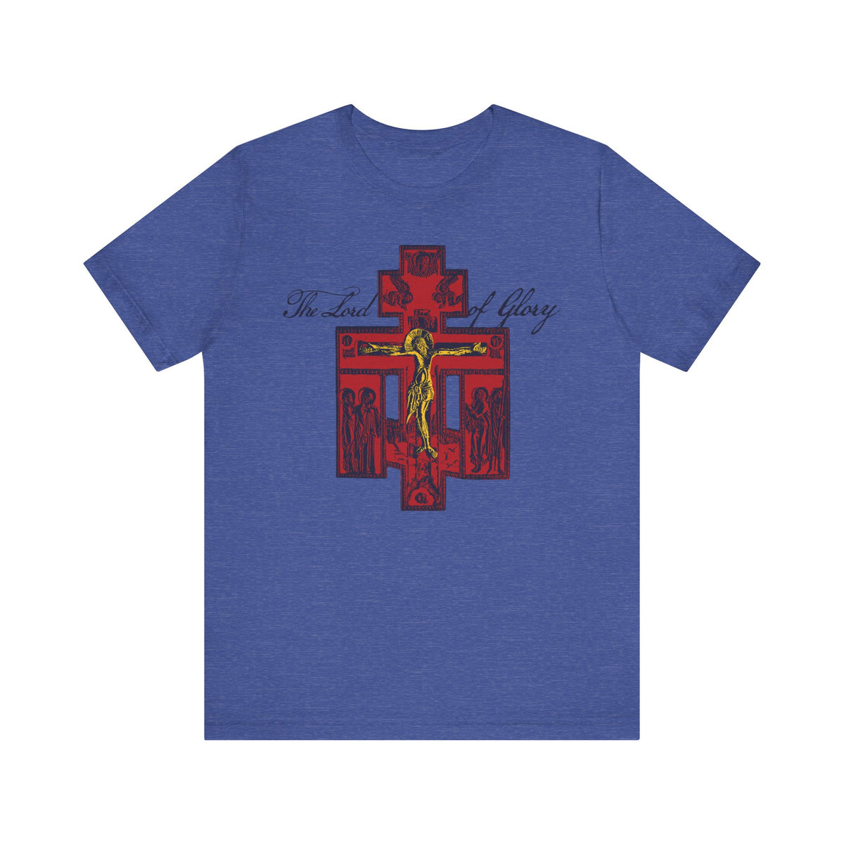 Heather True Royal unisex t-shirt featuring a red and yellow Russian Golgotha crucifix design, with "The Lord of Glory" in black text above the cross. Inspired by 1 Corinthians 2:8, this lightweight cotton Orthodox Christian tee reflects on the wisdom and glory revealed through Christ’s crucifixion.