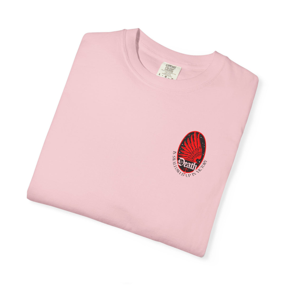 Light pink Death is Swallowed Up In Victory t-shirt with an Art Nouveau red eagle wing, stars, and text.
