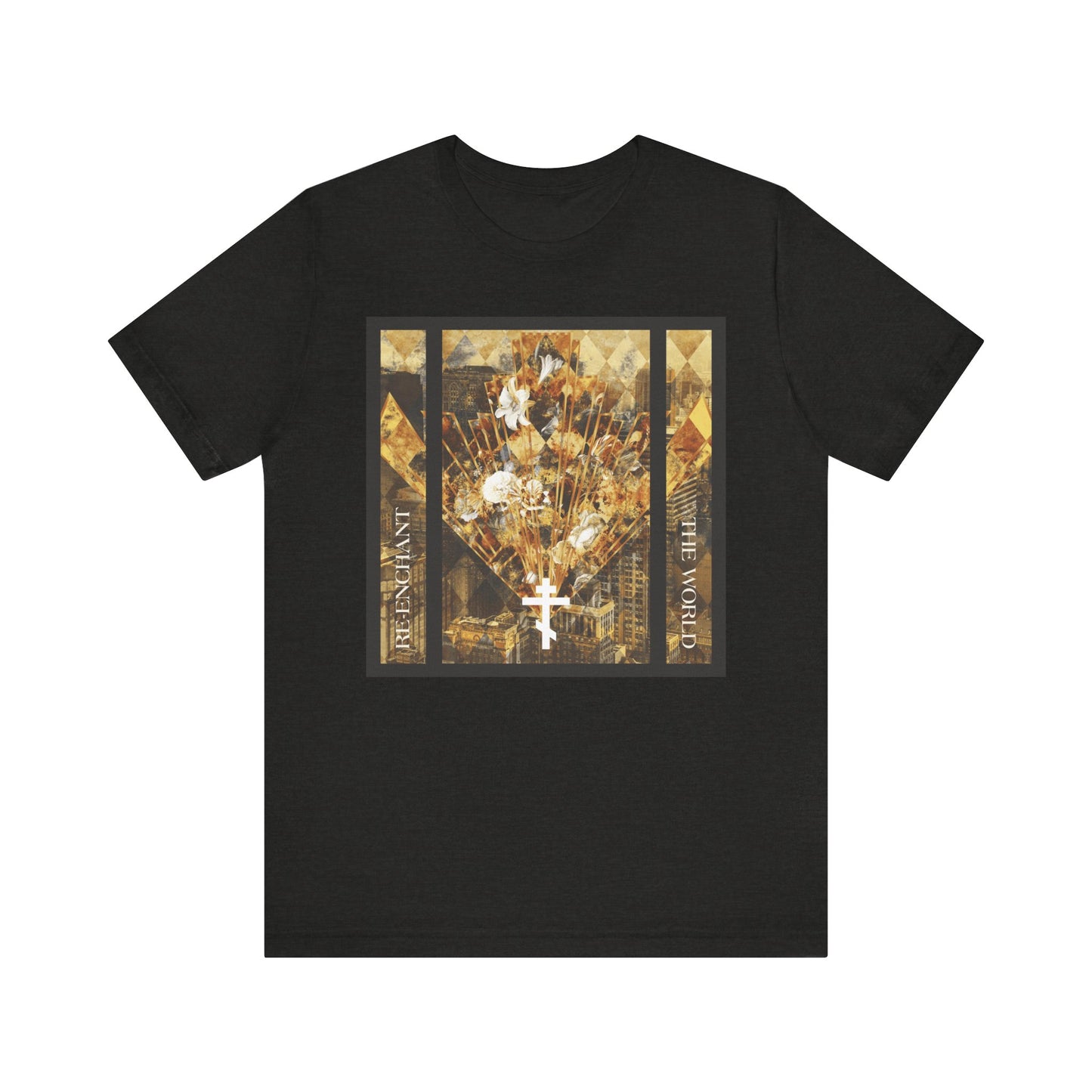 Black Heather t-shirt featuring a modern cityscape graphic with a white cross and floral elements, symbolizing the Exaltation of the Cross. The contemporary design in earthtones is complemented by vertical text along both sides, making this lightweight cotton unisex tee a beautiful tribute to the Beauty of the Church and a bold statement piece. This is the "Re-Enchant the World | Cityscape with Cross and Flowers" design.