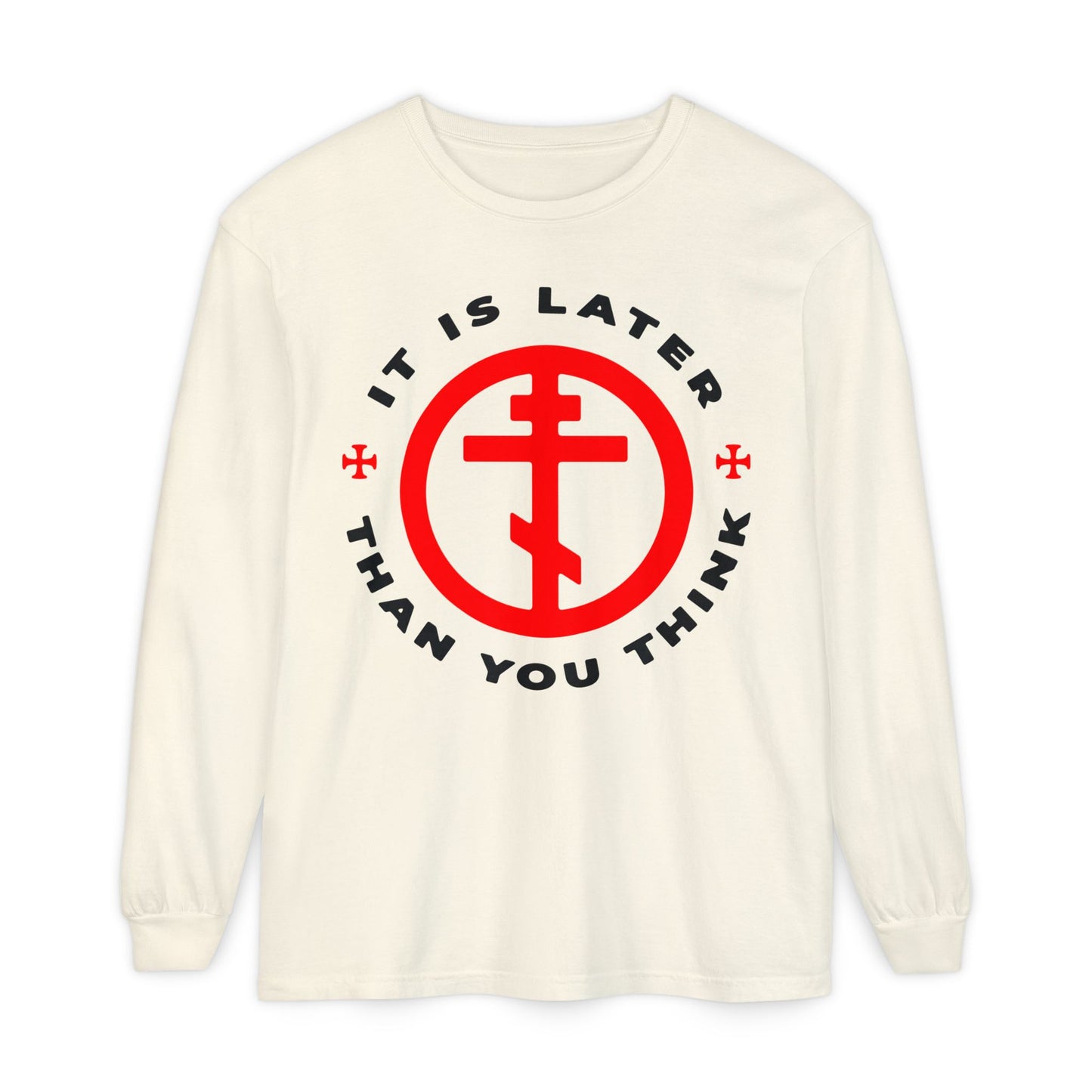 Ivory long-sleeve shirt featuring an Orthodox cross in a circle and “It is later than you think”—a memento mori inspired by Fr Seraphim Rose and Romans 13:10-12. American Saint | Apocalypse | Christian apparel.