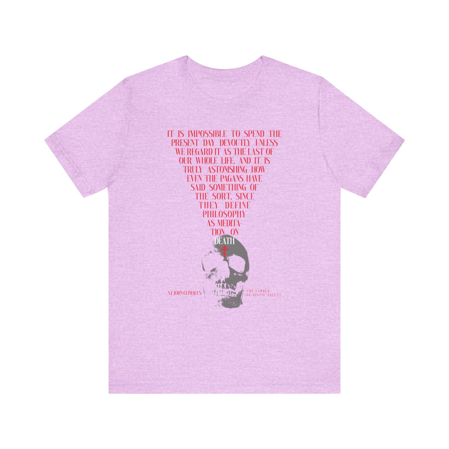 Heather Prism Lilac unisex tee featuring a black-and-white skull with red Orthodox cross on the back, inspired by St John Climacus’ “remembrance of death” and the theme “The Present Day As the Last Day of Our Life.”.