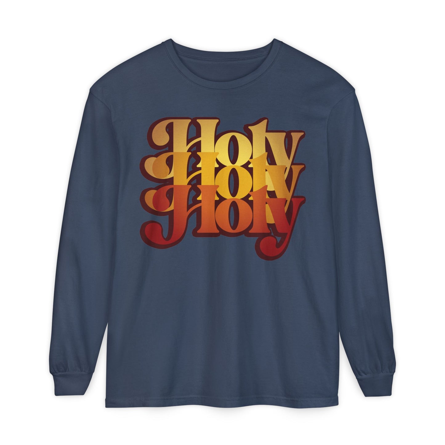 Midnight long-sleeve cotton shirt featuring “Holy Holy Holy” in bold, retro 70s red and yellow gradient text, inspired by Isaiah 6’s cherubim & seraphim Trisagion liturgical prayer. Orthodox style for a timeless look.