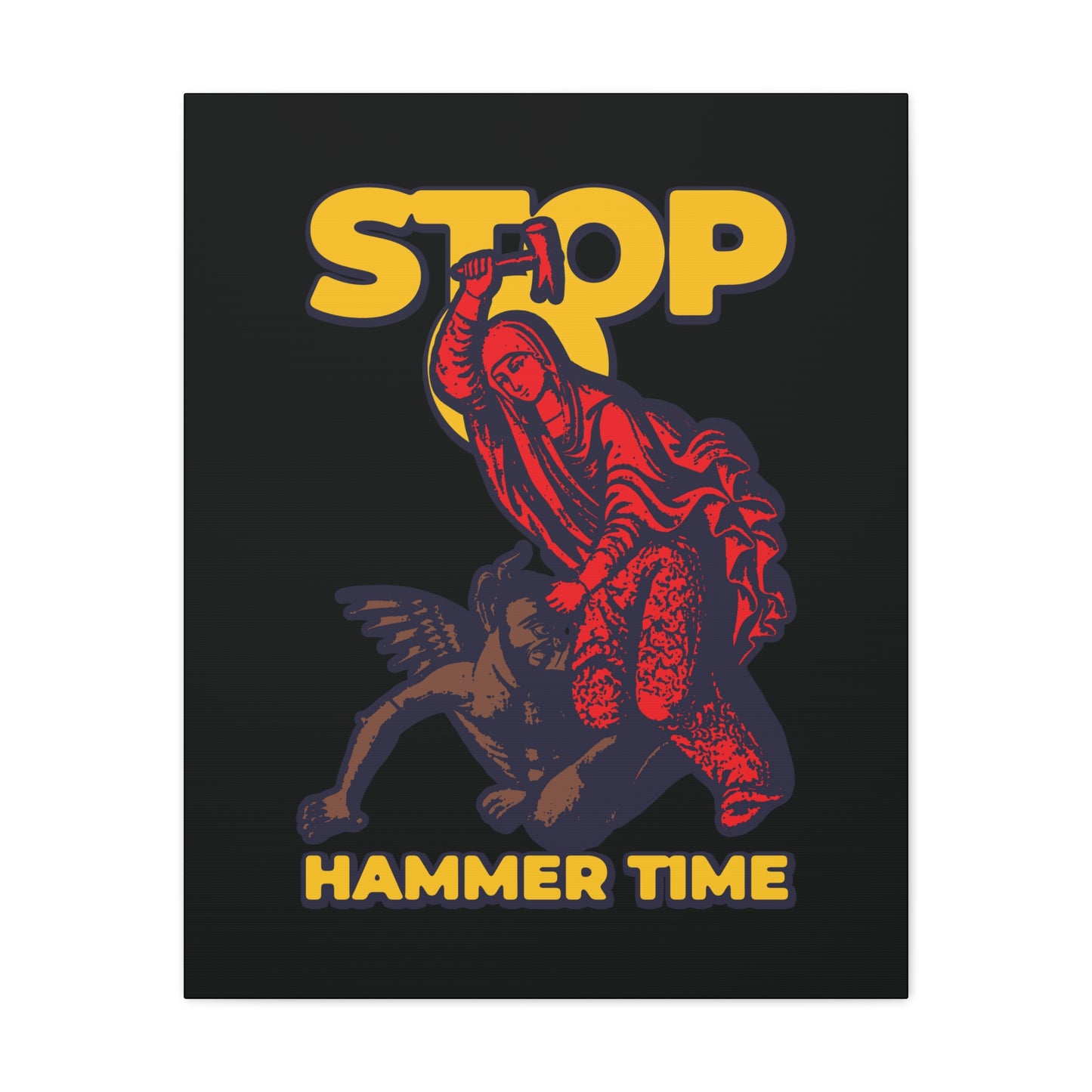 Illustration of St Marina of Antioch beating the devil with a hammer above bold yellow "Stop, Hammer Time" text—Modern Orthodox meme wall art in red, blue, and yellow.