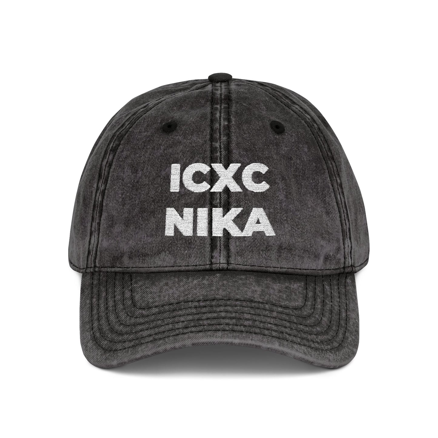 White ICXC NIKA Text Christogram | Orthodox Christian Symbol Meaning "Jesus Christ Conquers" | Christ is King | Denim Embroidered Cap