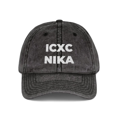 White ICXC NIKA Text Christogram | Orthodox Christian Symbol Meaning "Jesus Christ Conquers" | Christ is King | Denim Embroidered Cap