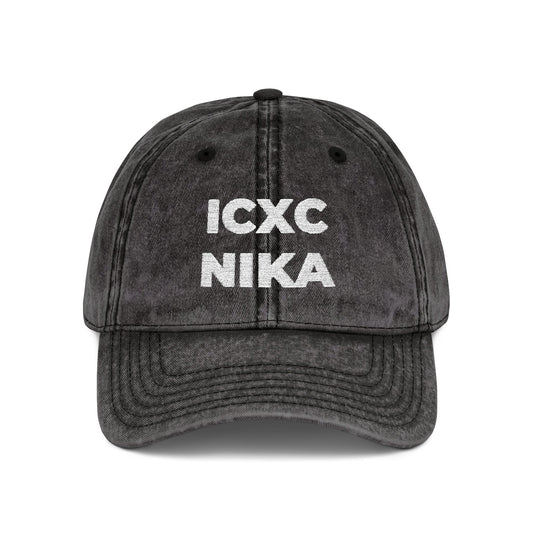 White ICXC NIKA Text Christogram | Orthodox Christian Symbol Meaning "Jesus Christ Conquers" | Christ is King | Denim Embroidered Cap