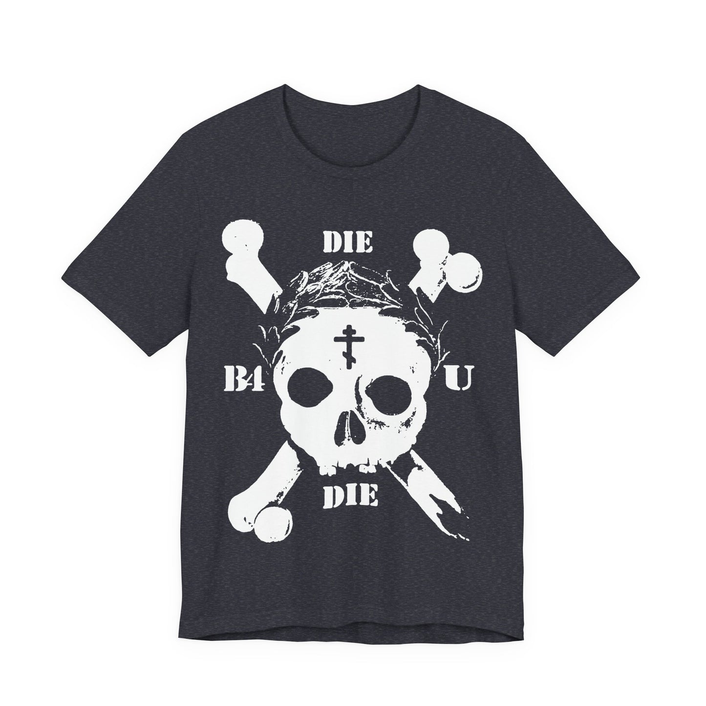Heather navy t-shirt featuring a retro skull and crossbones, Orthodox cross, laurel wreath, and “Die Before You Die” — a memento mori tee inspired by Matthew 16:24-25 and ascetic Christian tradition.