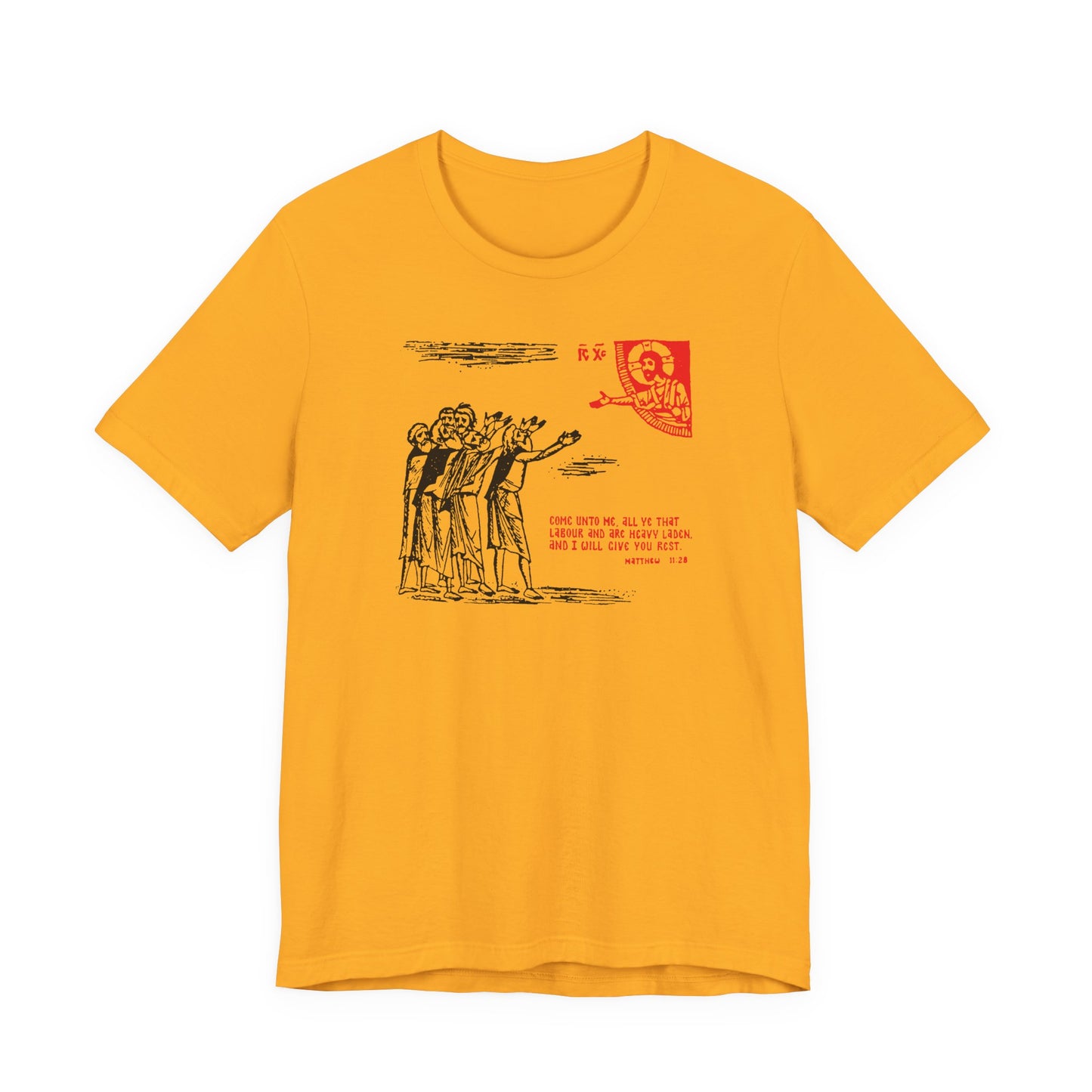Gold cotton t-shirt featuring a red iconographic drawing and the verse "Come Unto Me All Ye That Labour & Are Heavy Laden" (Matt. 11:28); Orthodox Christian design.