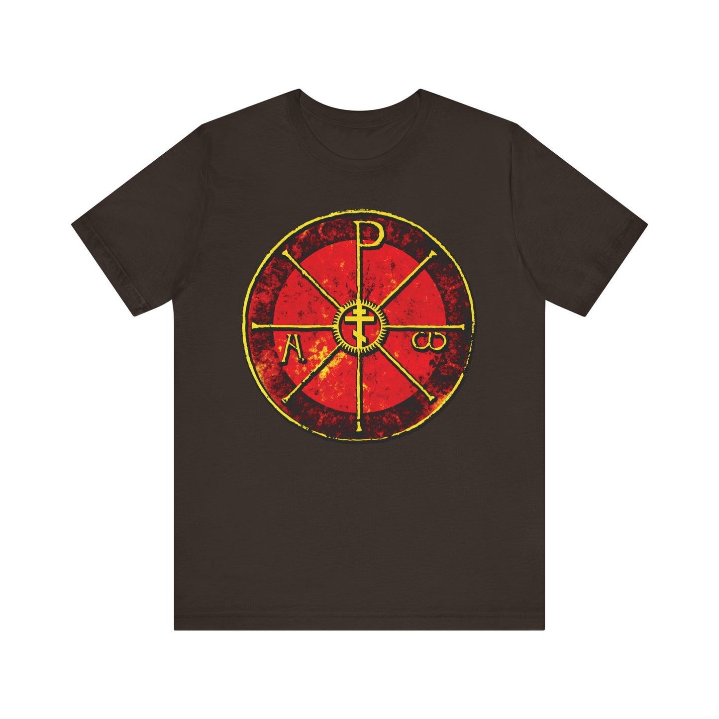 Brown lightweight cotton t-shirt featuring the Alpha & Omega Chi Rho Orthodox Cross—an ancient Christogram with Greek letters and a central cross, inspired by the Cathedral of Milan. Text: "In This Sign Ye Shall Conquer.