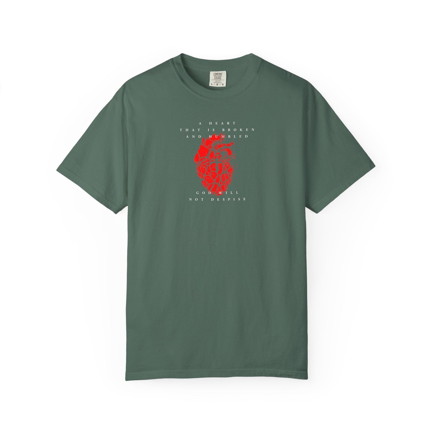 Blue Spruce unisex tee in heavyweight cotton, featuring a cracked heart with Orthodox cross and the text: "A Heart That is Broken and Humbled God Will Not Despise," inspired by Psalm 51’s theme of a surrendered spirit.