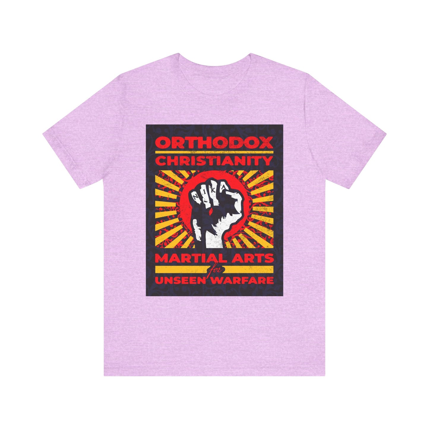 Heather Prism Lilac tee featuring a bold NIKA Jesus Fist on a colorful sunburst design, with the text "Orthodox Christianity: Martial Arts for Unseen Warfare," inspired by Archbishop Averky’s teachings on spiritual struggle and Christian virtue.