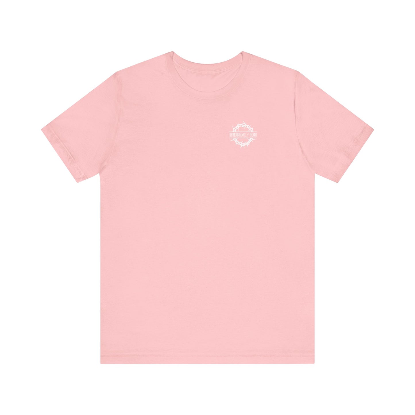 Pink BACK PRINT 2-Sided lightweight cotton unisex tee with branded front, Dead to this World Christian goth flower cross & skull design.