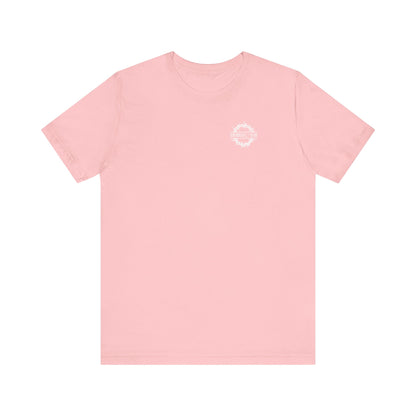 Pink BACK PRINT 2-Sided lightweight cotton unisex tee with branded front, Dead to this World Christian goth flower cross & skull design.