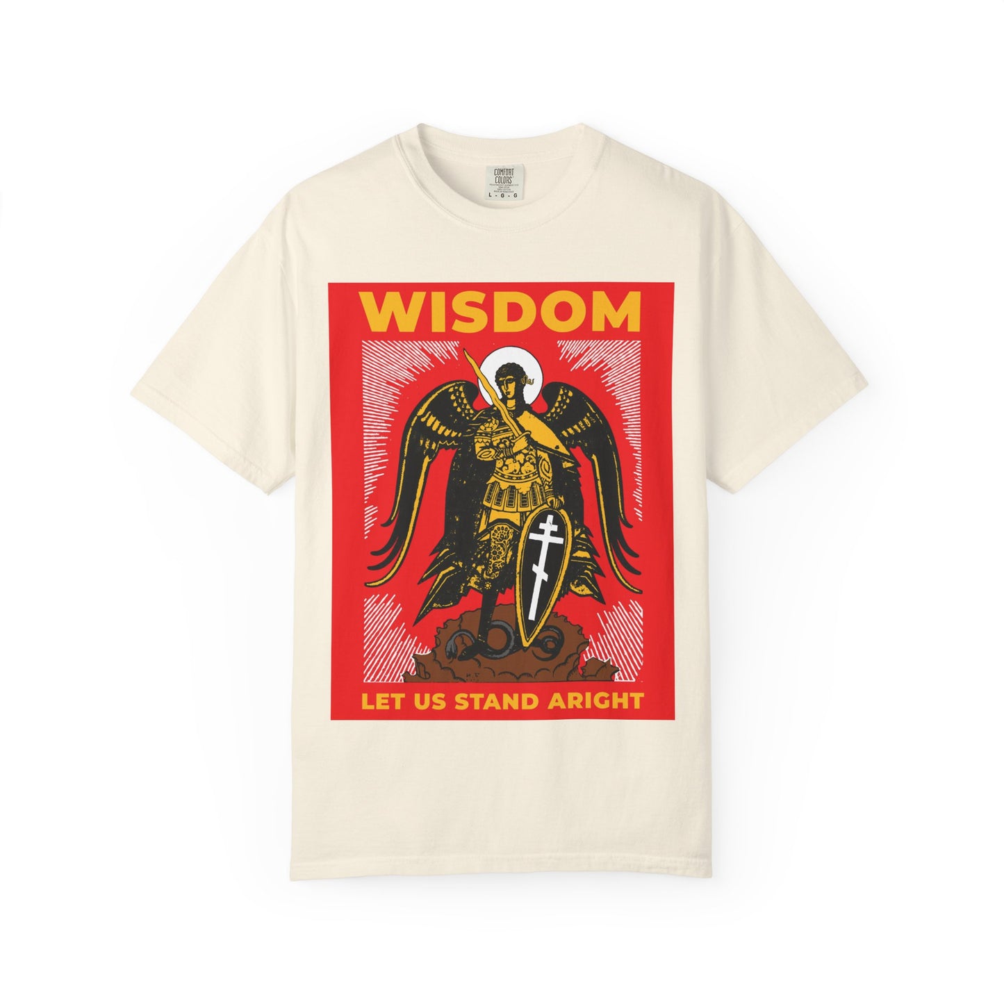 Ivory heavyweight cotton tee featuring a Russian illustration of Archangel Michael with shield and sword, inspired by Revelation 12, with "Wisdom: Let Us Stand Aright" text. Orthodox unisex design.