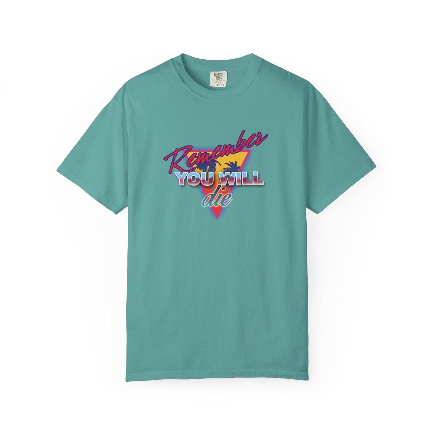 Seafoam heavyweight cotton unisex tee featuring colorful 80s retro synthwave “Memento Mori” palm tree design with “Remember YOU WILL die” text, inspired by St. John Climacus’s The Ladder of Divine Ascent.