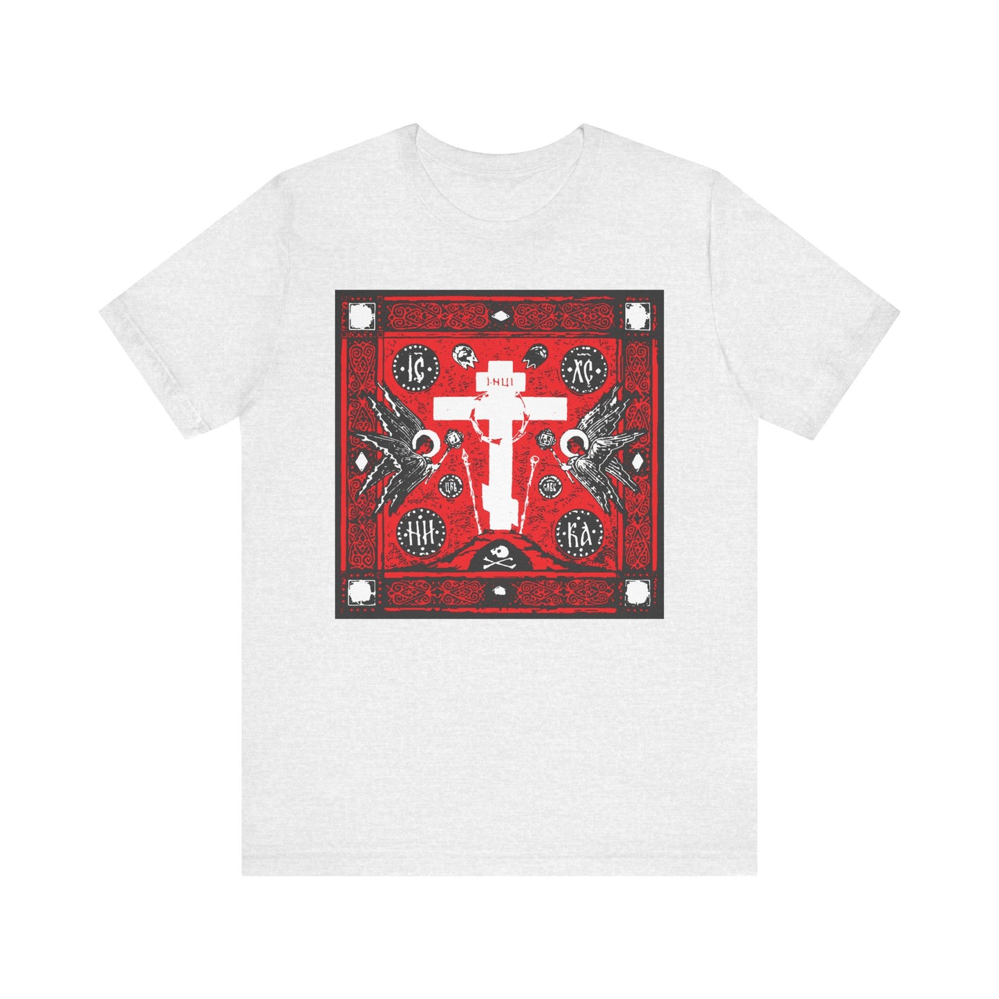 Adoration of Holy Cross IconoGraphic T-shirt in Ash features a striking red, white, and black Russian cross with angels—design inspired by Novgorod artistry. Lightweight cotton, unisex fit.
